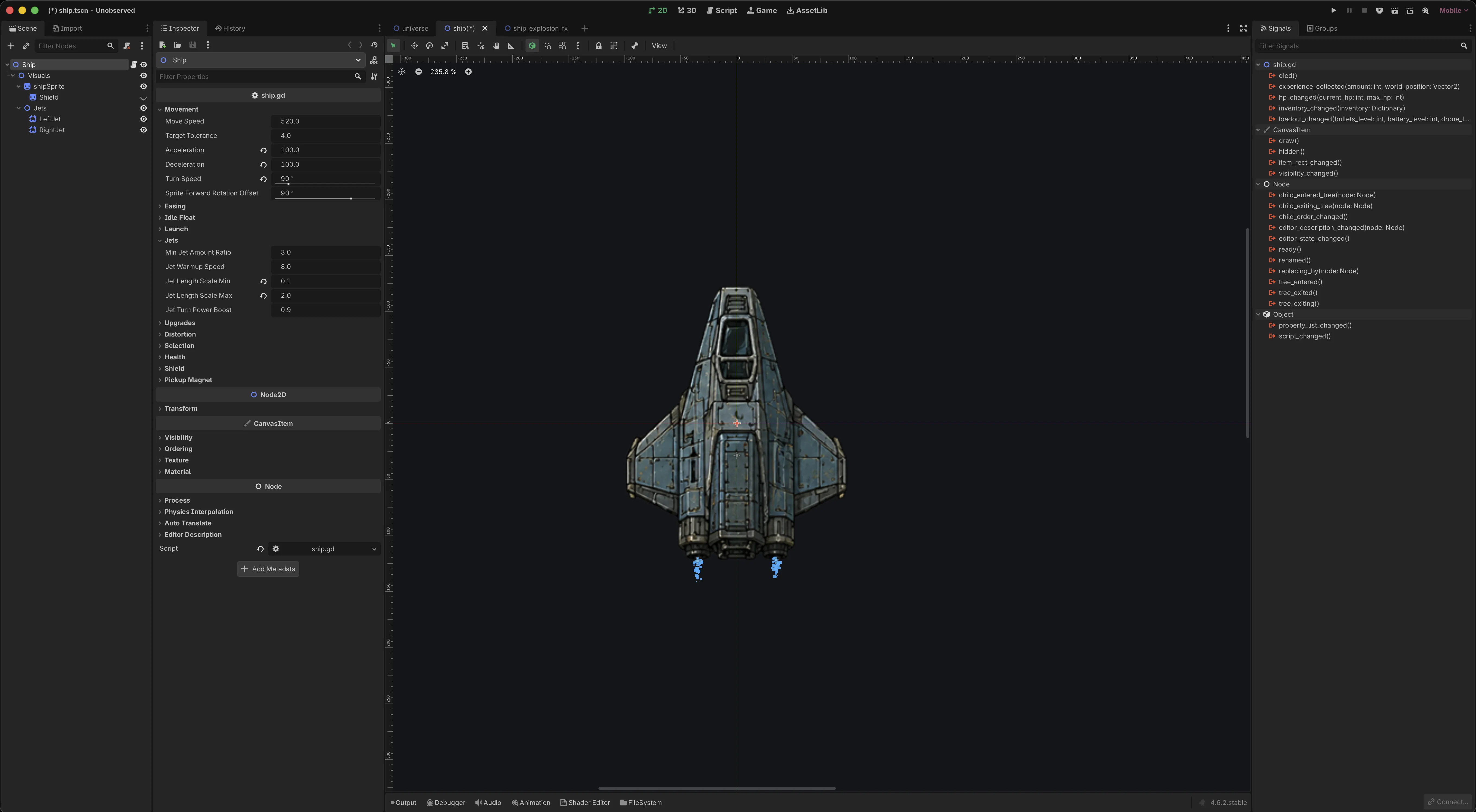 Unobserved prototype screenshot showing the ship and early gameplay systems.